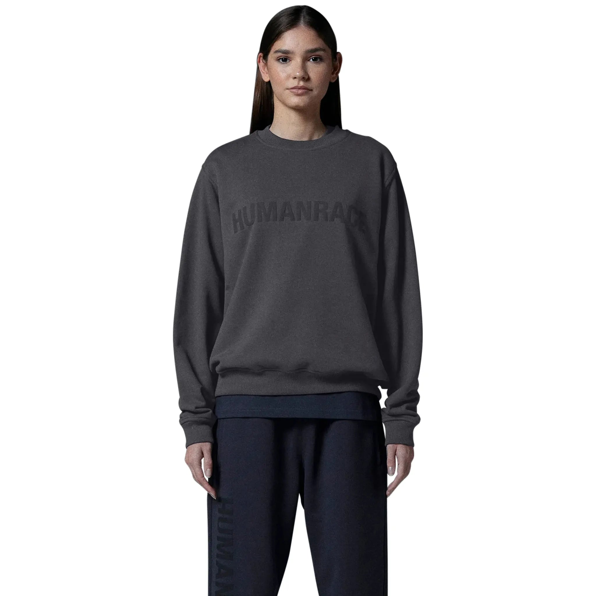 Model front view of Human Race Planet Dusty Grey Sweatshirt